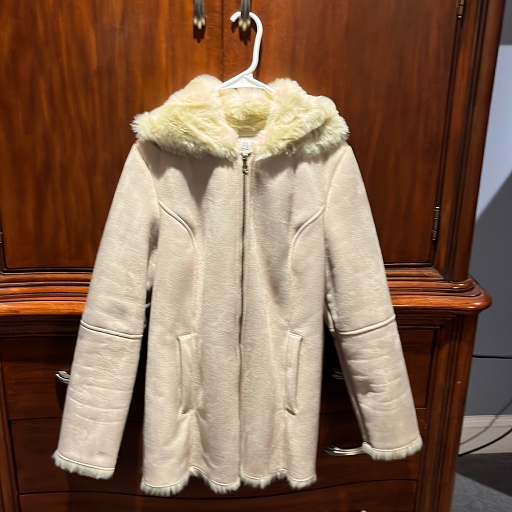 Women’s winter coat.  Suede exterior, fur interior. Hooded